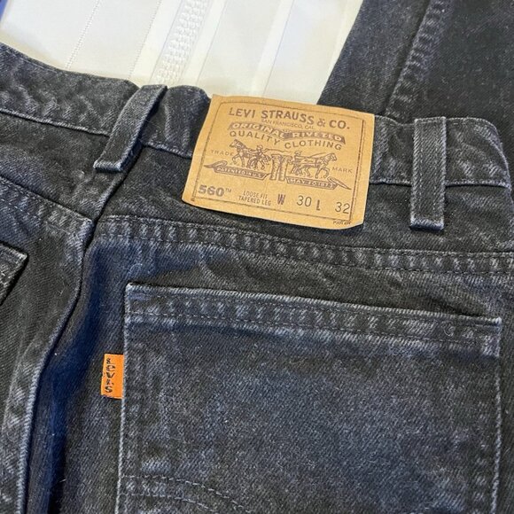 Vintage 90s Levis 560 Orange Tab Jeans 30x32 (28x32) Black Loose Tapered Faded - Picture 3 of 8